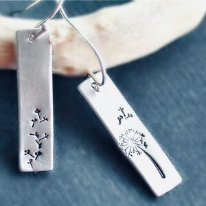 Dandelion Bar Dangle Earrings Silver Tone Nature